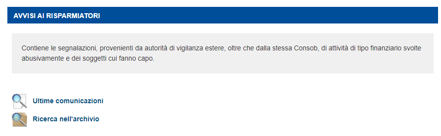 pagina CONSOB avvisi ai risparmiatori